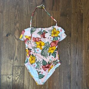 Kona Sol Pink Tropical Floral One-Piece Swimsuit with Ruffle